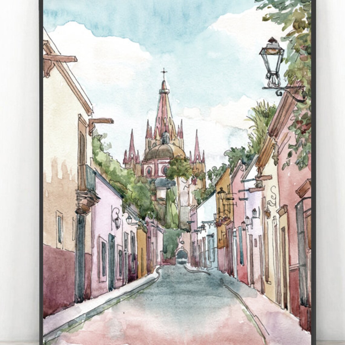 Guanajuato Mexico Street Cathedral Pink Facades Watercolor Art Poster
