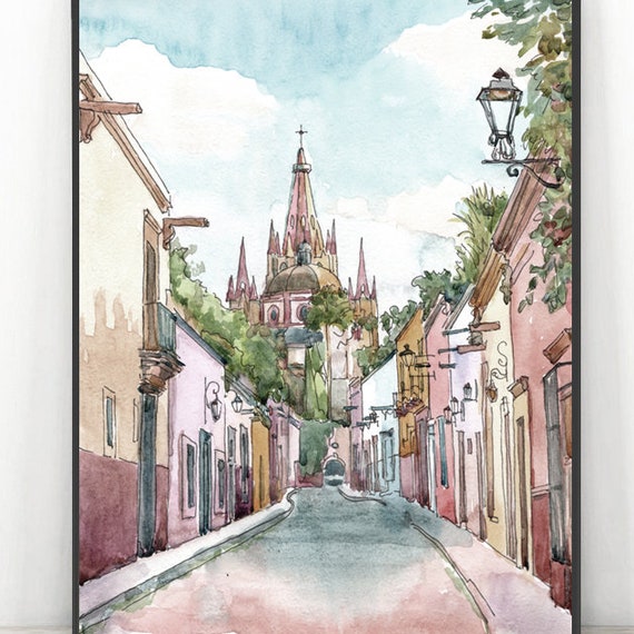 Guanajuato Art Mexico Painting Print Watercolor Latin America City Skyline Yucatan Travel Poster
