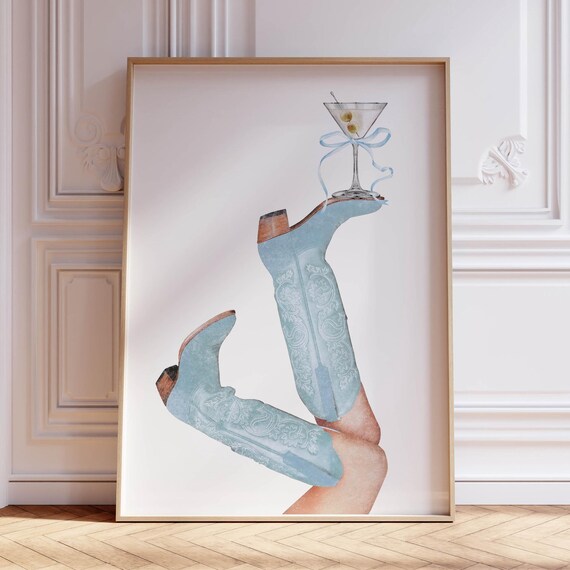 Blue Cowboy Boots With Martini Glass Coastal Cowgirl Wall Art