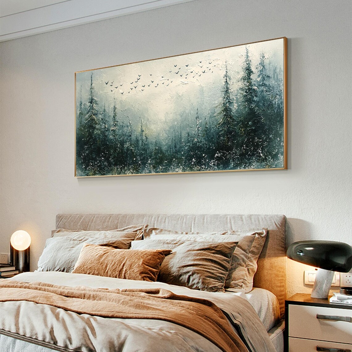 Misty Teal Pine Forest Birds Textured Oil Painting Modern Wall Art - Image 4