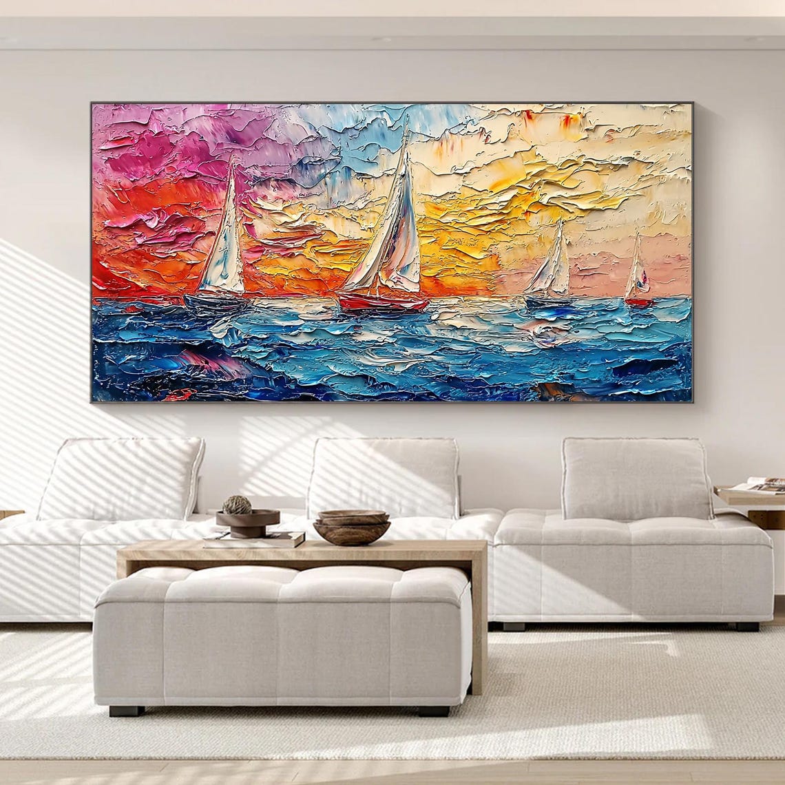 Colorful Sailboat Sunset Seascape Magenta Sky Textured Ocean Wall Art - Image 2