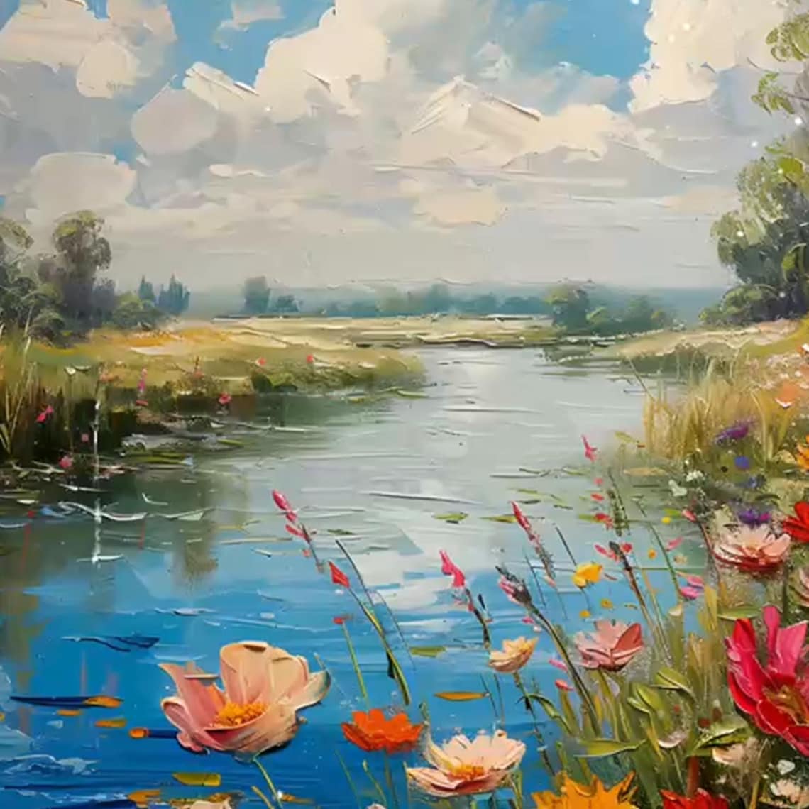Colorful Flower Oil Painting, Abstract River Print - Image 3