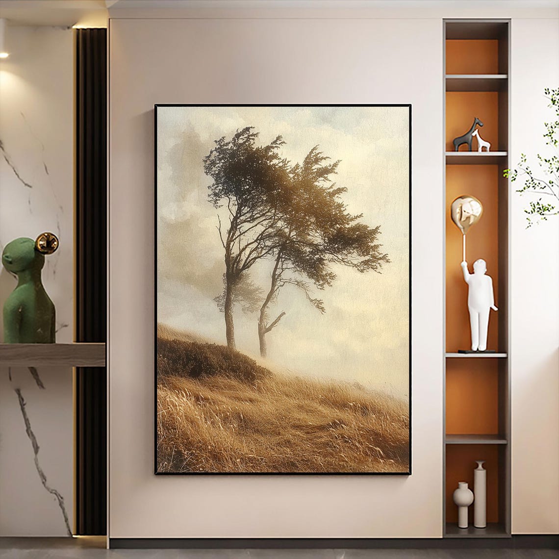 Windswept Lone Tree Golden Hill Misty Autumn Landscape Wall Painting