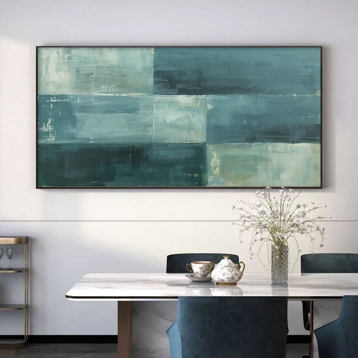Abstract Teal Green Blocks Modern Minimalist Painting Living Room Art