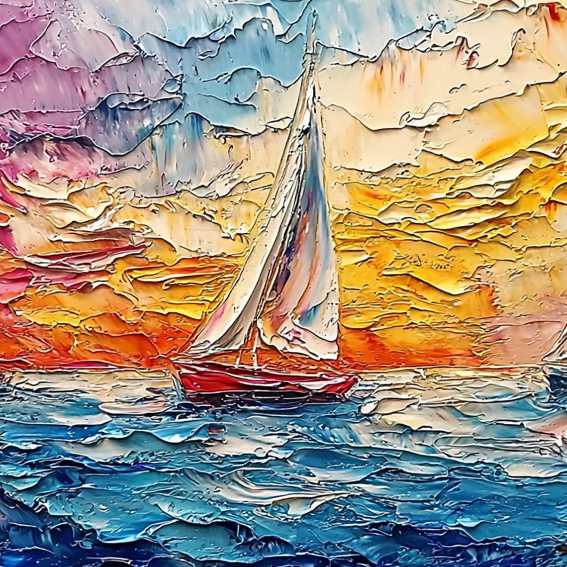 Colorful Sailboat Sunset Seascape Magenta Sky Textured Ocean Wall Art - Image 3