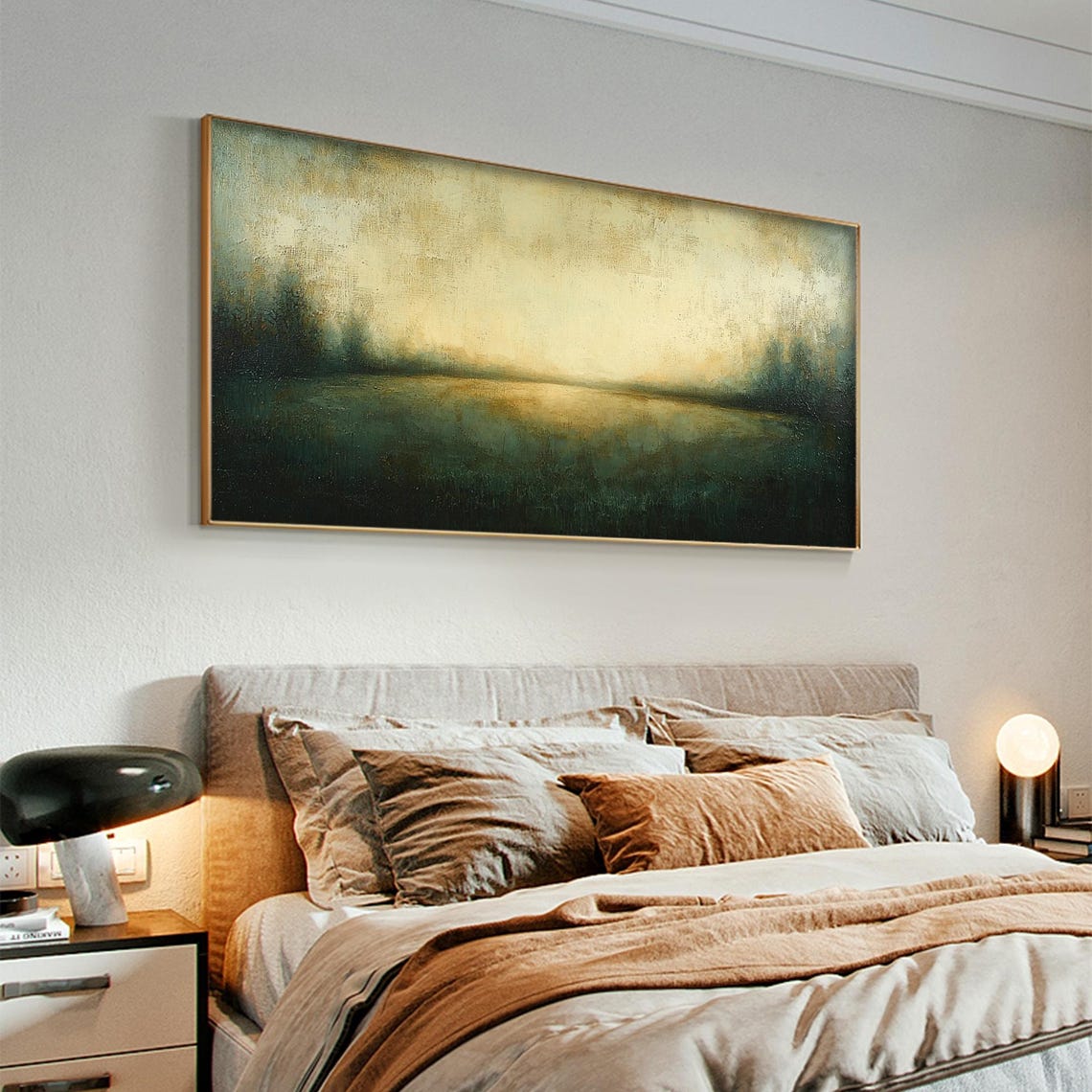 Pale Gold Green Abstract Horizon Panoramic Dusk Meadow Wall Art - Image 4