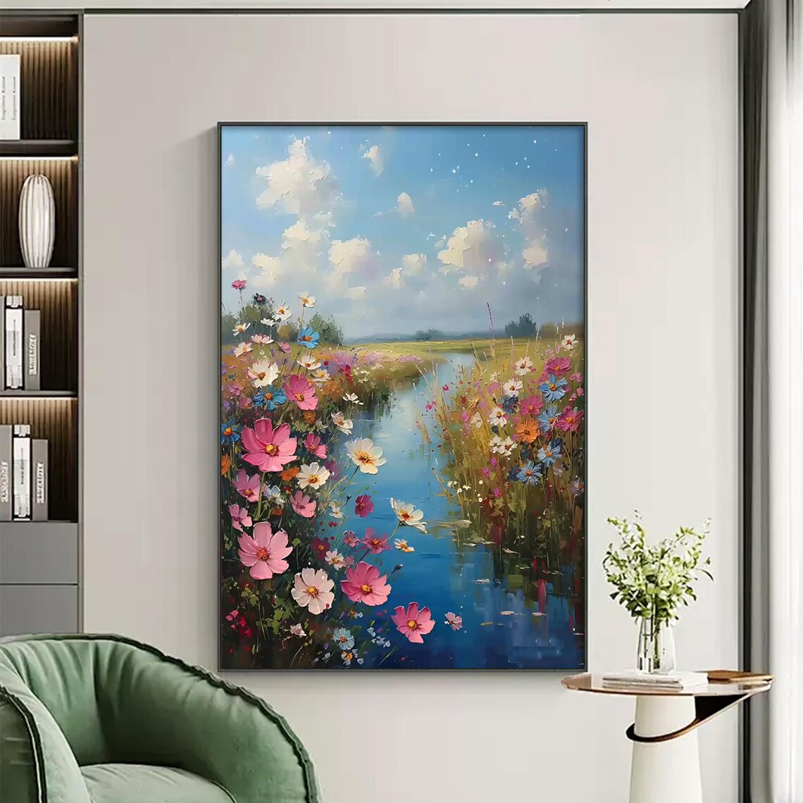 Wildflowers Along Winding River Blue Sky Vertical Oil Painting Poster