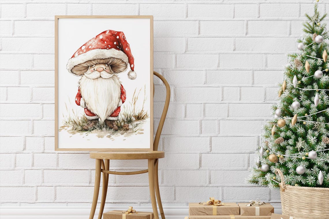 Christmas Gnome With Mushroom Cap Watercolor Holiday Art Poster - Image 2