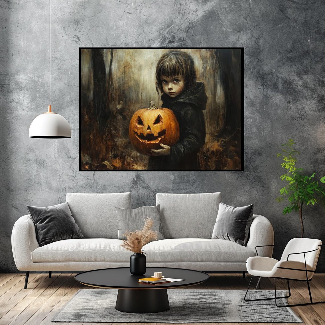 Child Holding Jack O Lantern Dark Halloween Forest Painting Poster - Image 2