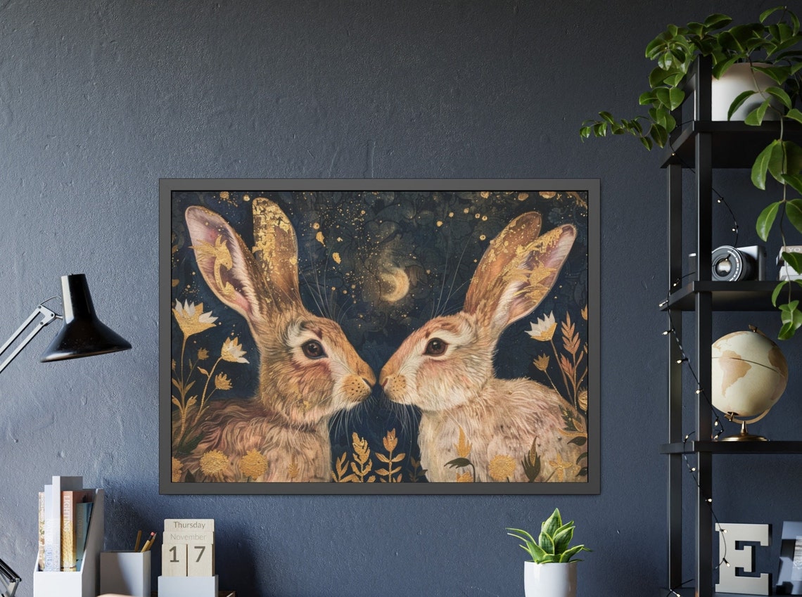 Two Hares Moonlit Night Golden Flowers Folk Art Rabbit Poster - Image 2