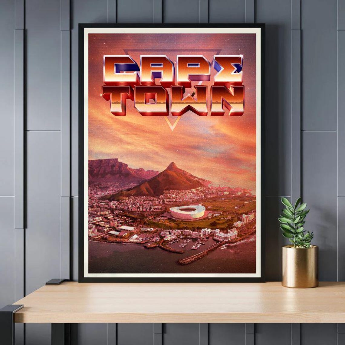 Cape Town South Africa Table Mountain Sunset Retro Chrome Poster - Image 2