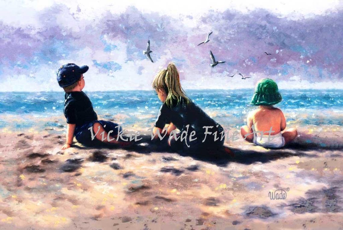Three Children Sitting on the Beach Watching Seagulls Poster