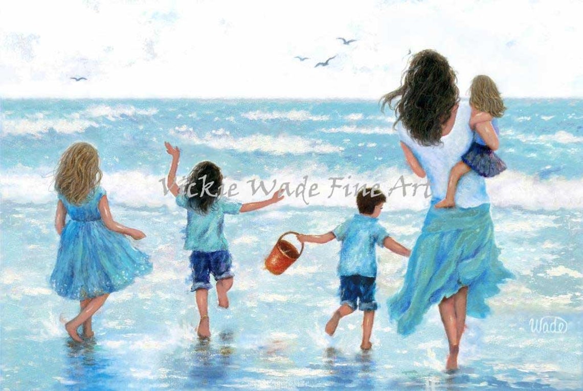 Mom Carrying Toddler While Four Kids Splash at the Beach Poster
