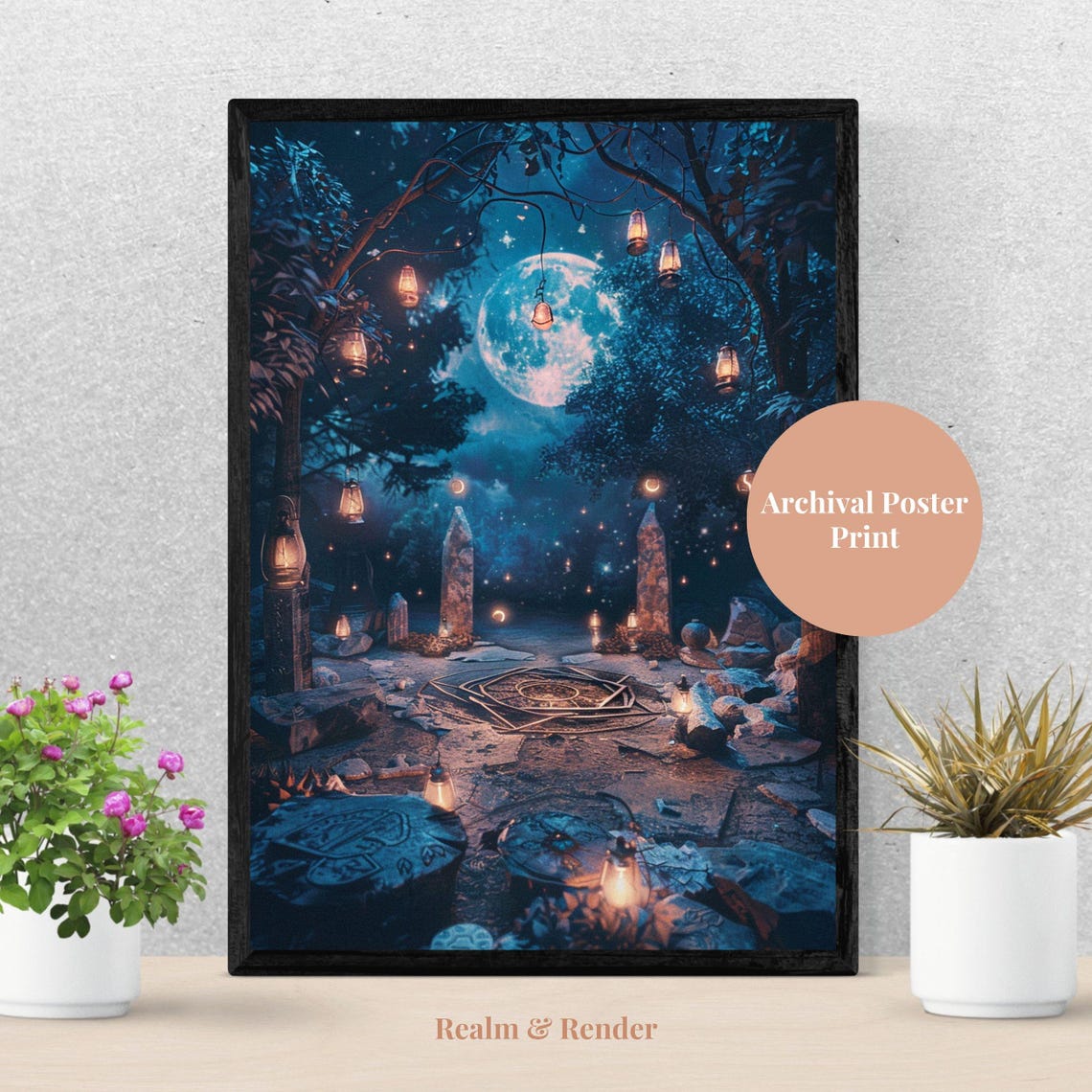Witchy Moon Ritual Night Forest Lanterns Mystic Circle Art Poster