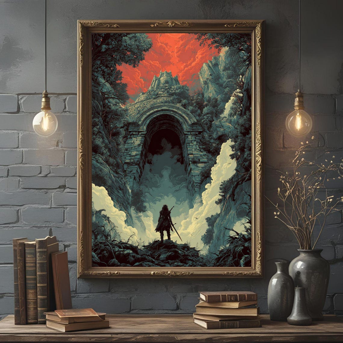 Warrior With Sword Before Giant Stone Arch Dark Fantasy Poster