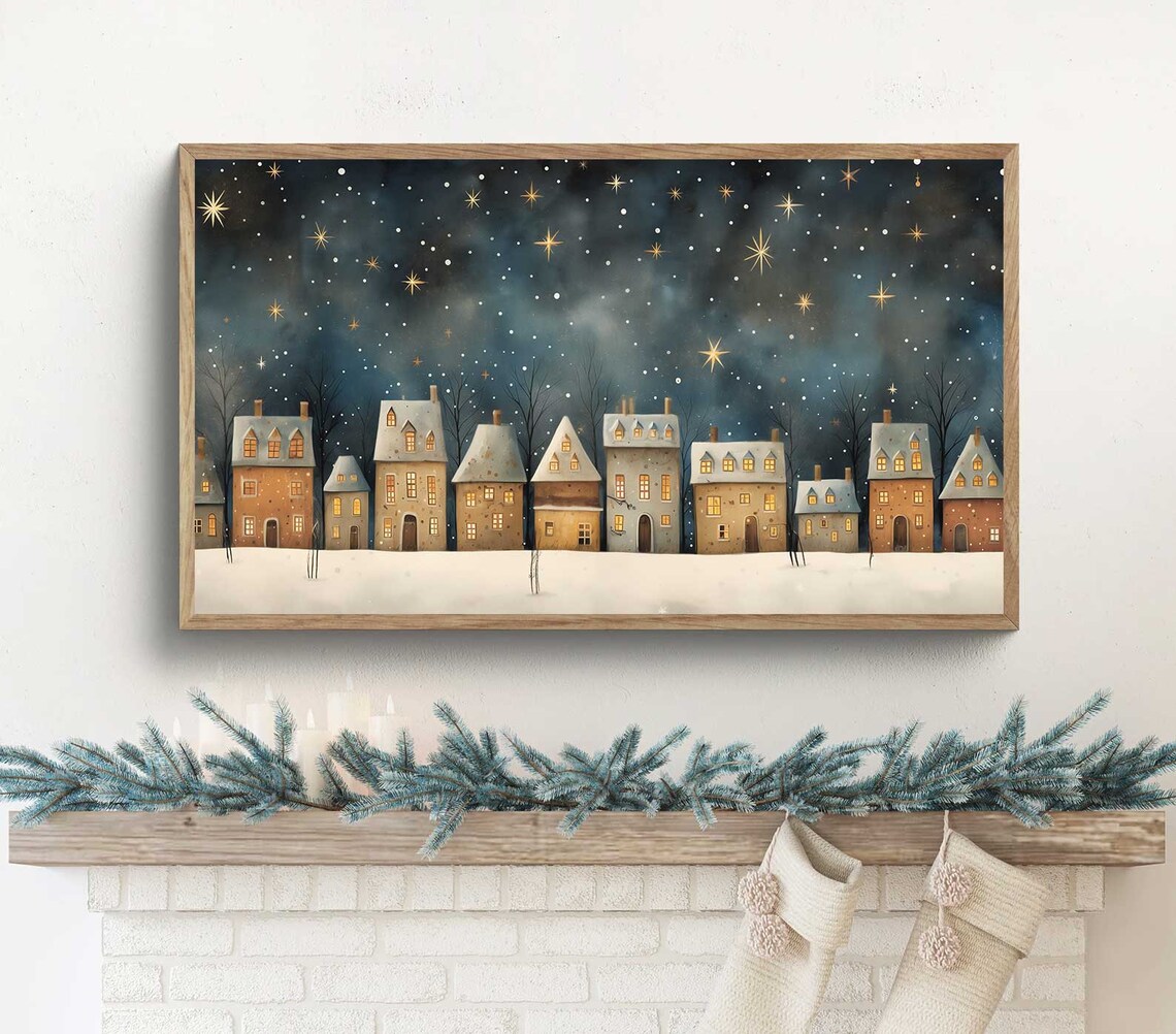Christmas Village Starry Night Snowy Houses Festive Wall Poster