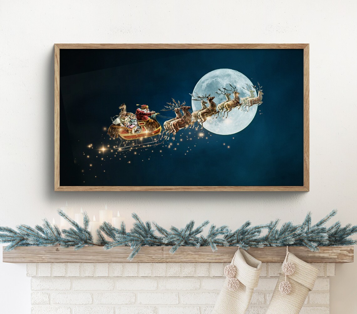 Santa Sleigh Christmas Art Print, Reindeer Night Sky