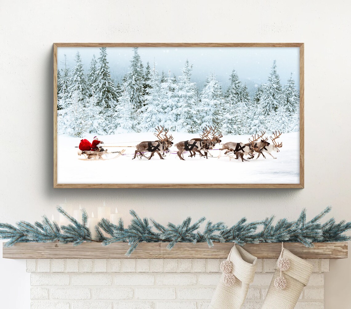 Santa's Sleigh Art Print, Winter Pine Trees
