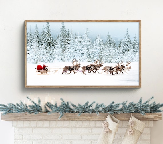Santa's Sleigh Art Print, Winter Pine Trees