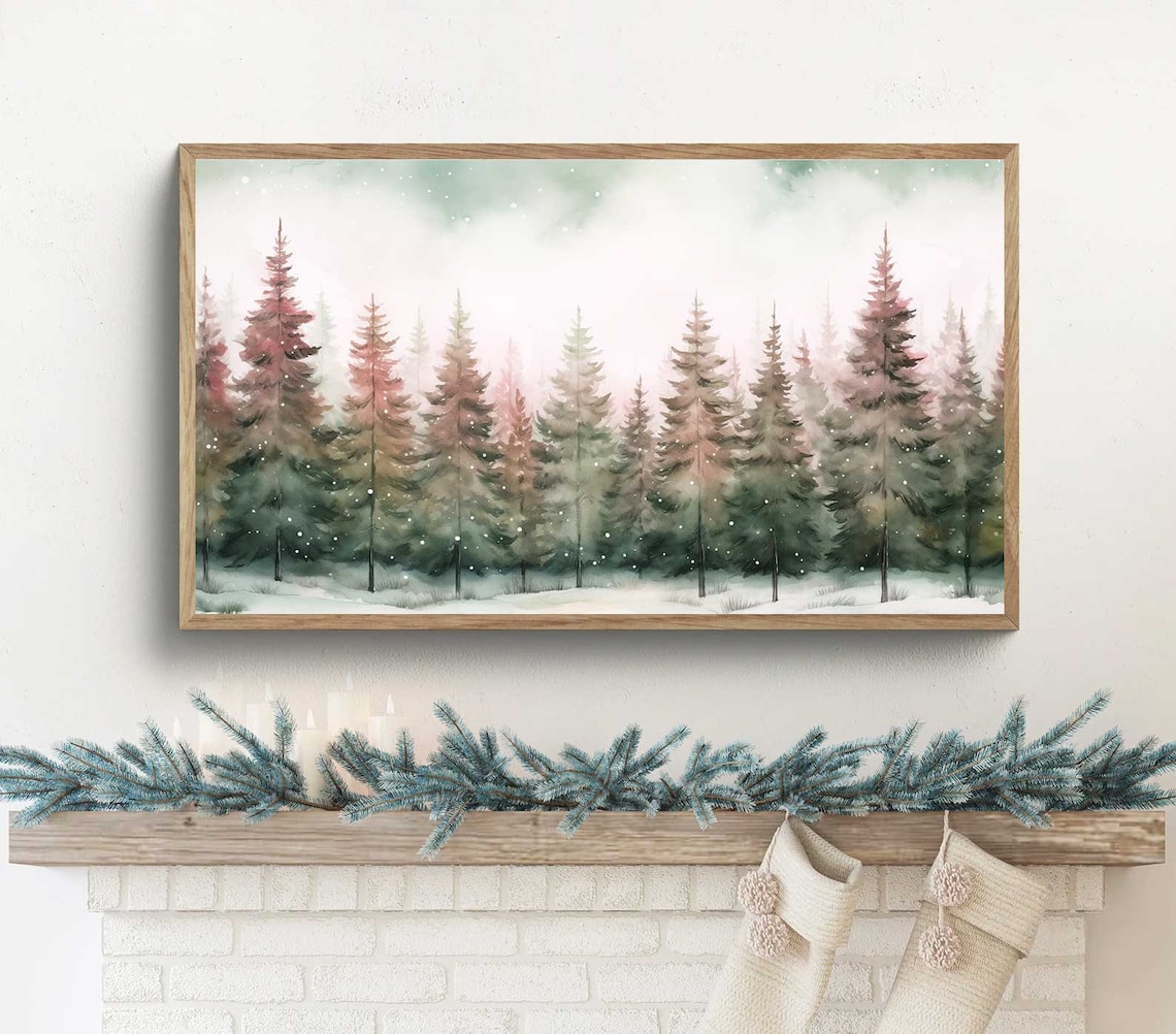 Pink Christmas Pine Tree Watercolor Art Print