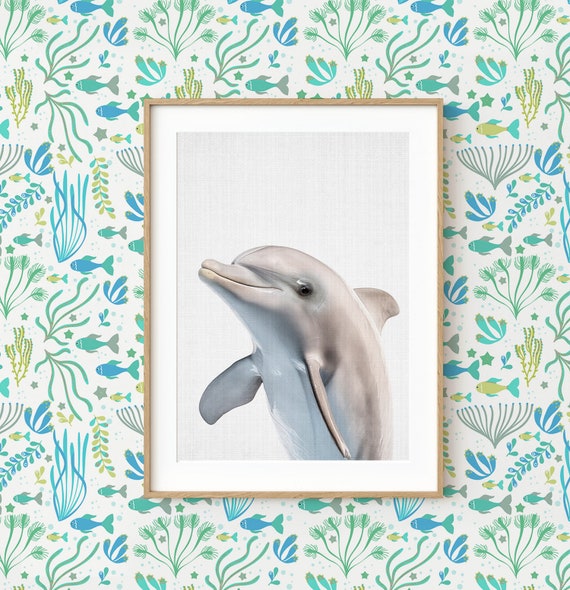 Dolphin Nursery Art Print Grey Ocean Animal Decor