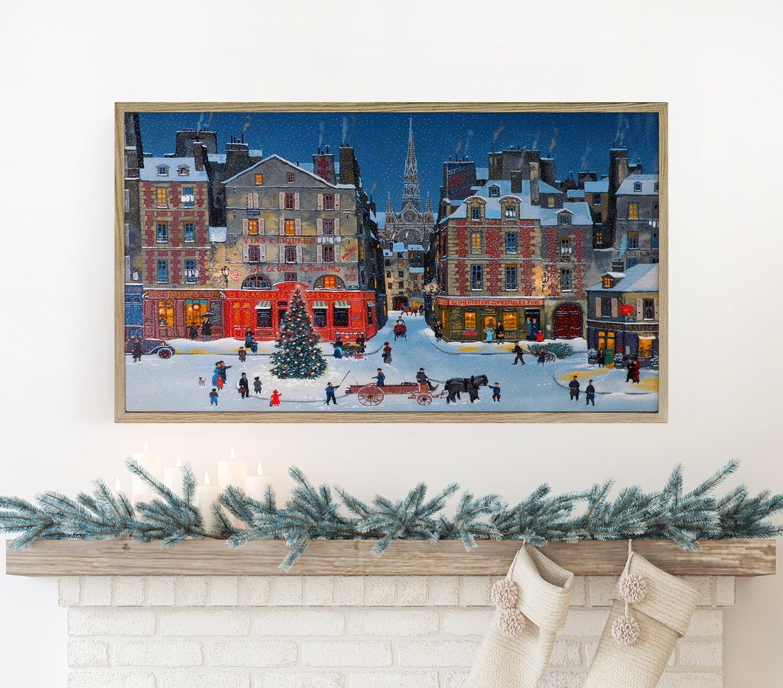 Christmas Village Town Tree Art Print