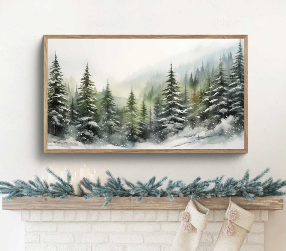 Winter Pine Tree Watercolor Painting Samsung Frame Tv Art