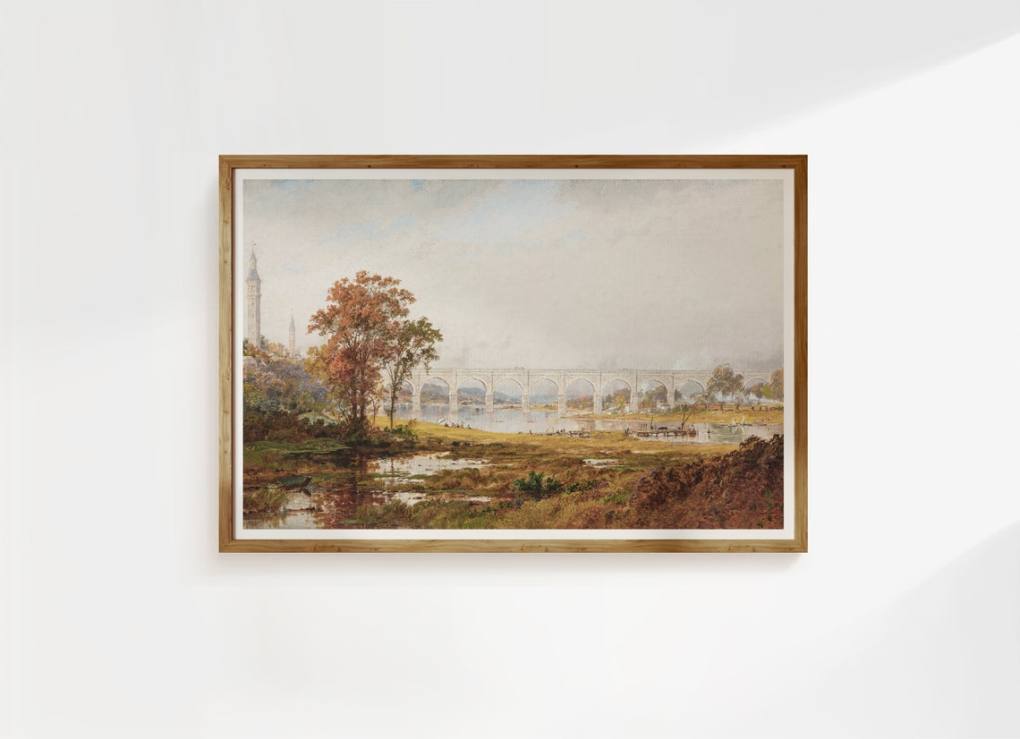 Rustic River Landscape Arched Aqueduct Church Tower Oil Poster