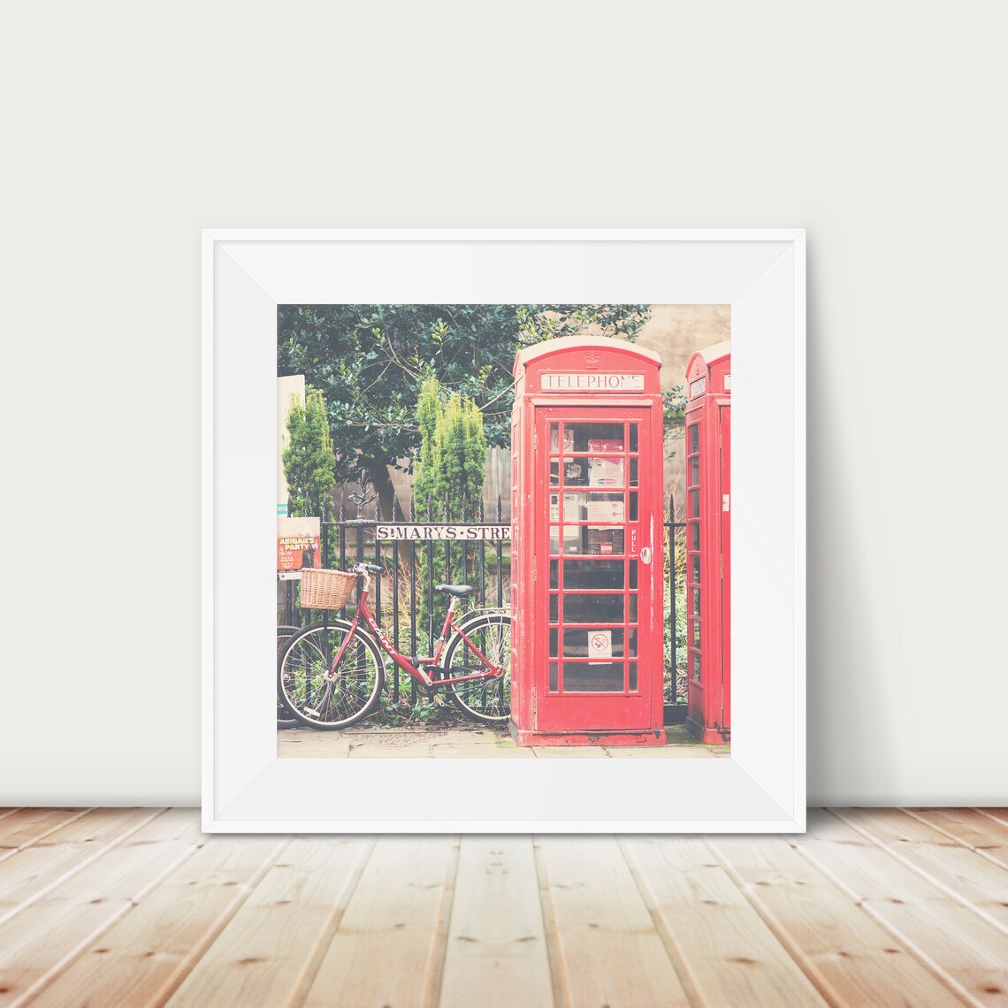 Cambridge England Red Telephone Box Bicycle Art Print