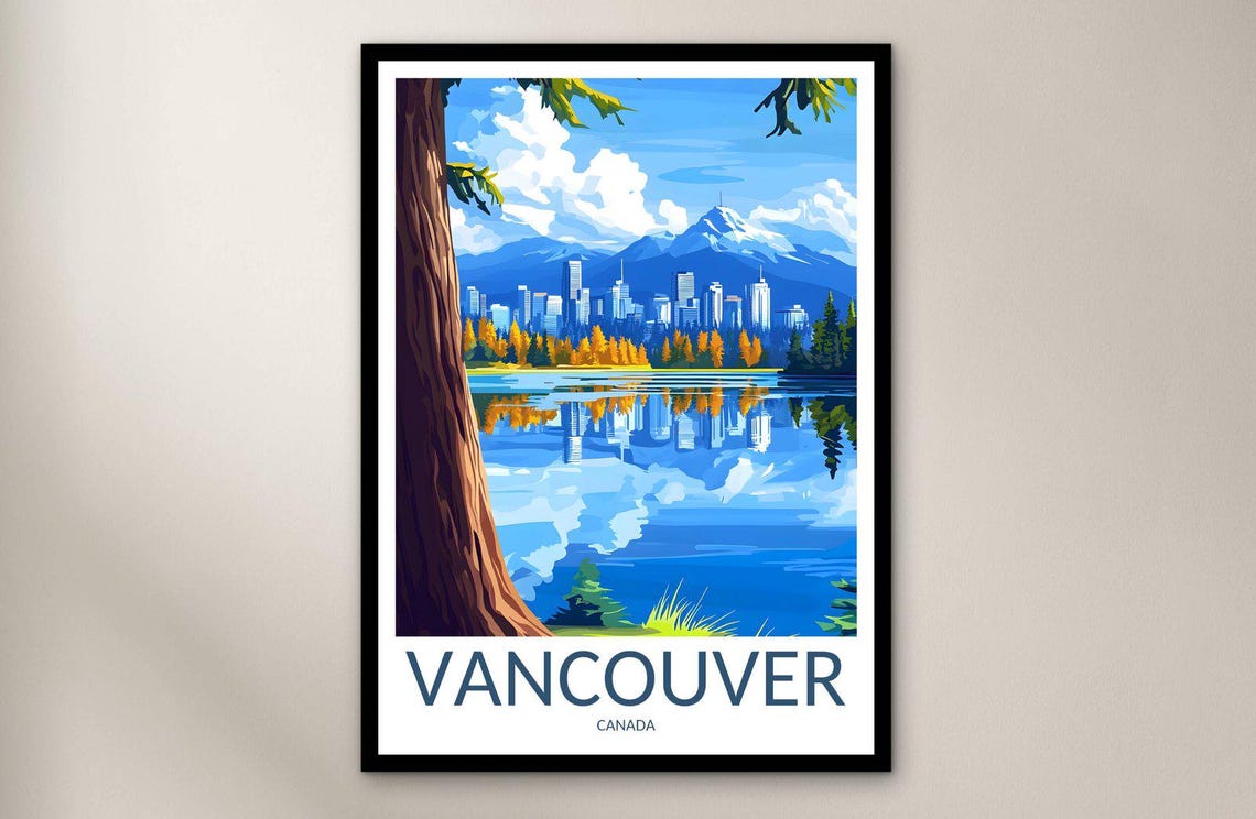 Vancouver Canada Skyline Lake Reflection Autumn Travel Poster Art