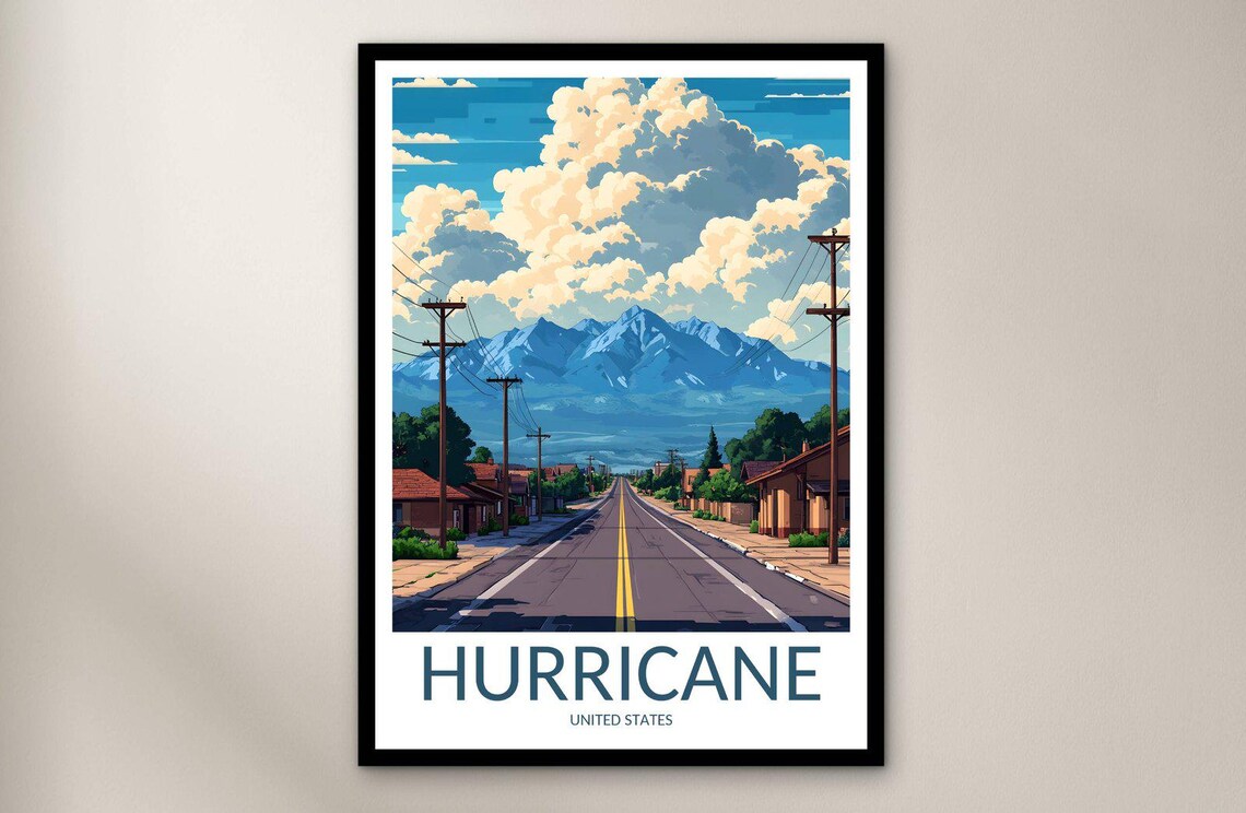 Hurricane Small Town Street Mountain View Power Lines Travel Poster