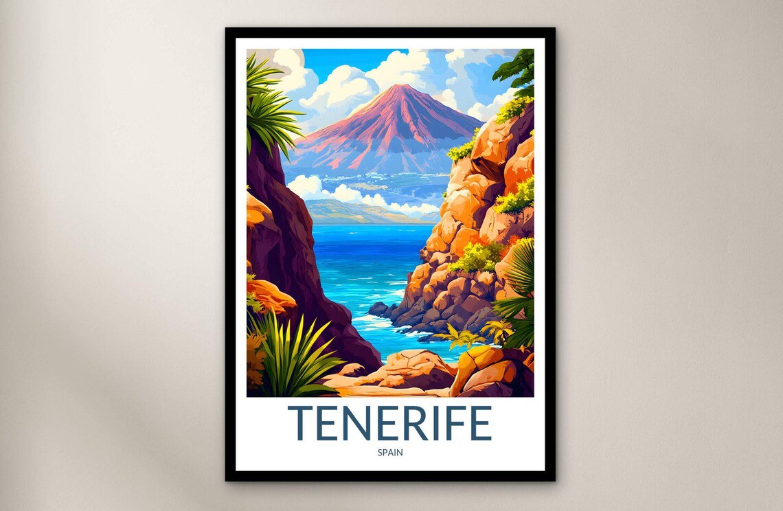 Tenerife Spain Volcano Coast Tropical Rocks Vintage Travel Poster
