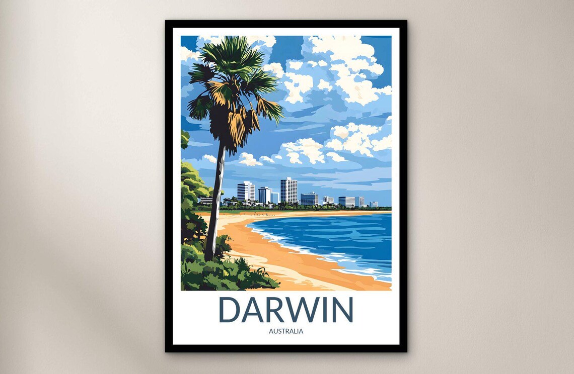 Darwin Australia Palm Beach and City Skyline Vintage Travel Poster