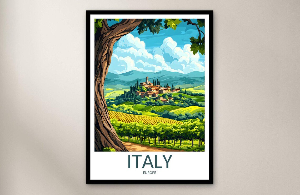 Italy Europe Countryside Village Vineyards Rolling Hills Travel Poster