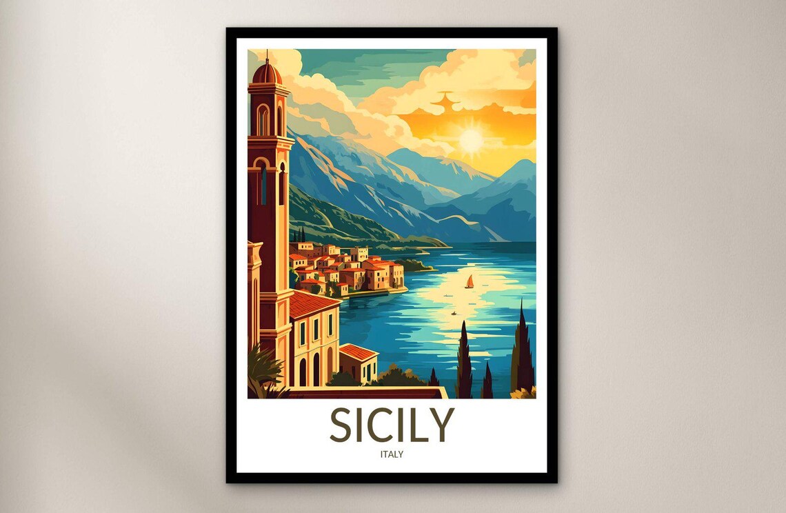 Sicily Italy Coastal Town Sunset Bell Tower Sailing Travel Poster