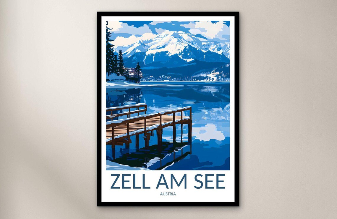 Zell Am See Austria Snowy Lake Jetty Alpine Winter Travel Poster