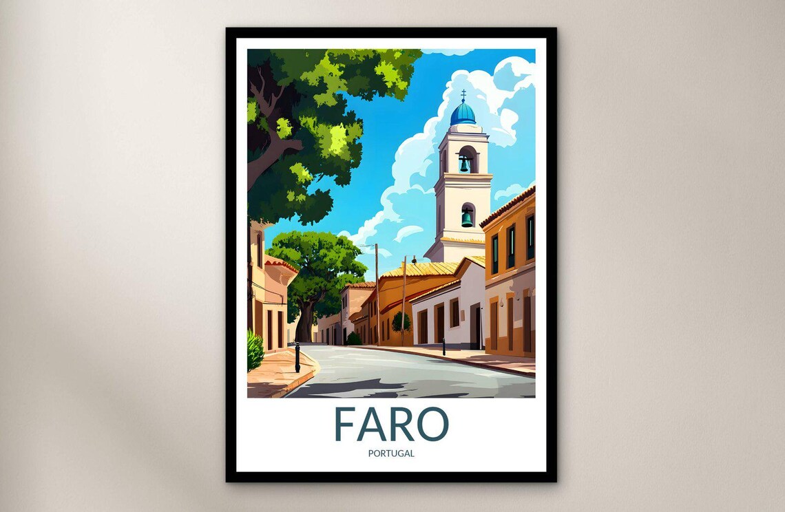 Faro Portugal Old Town Street Bell Tower Church Sunny Travel Poster