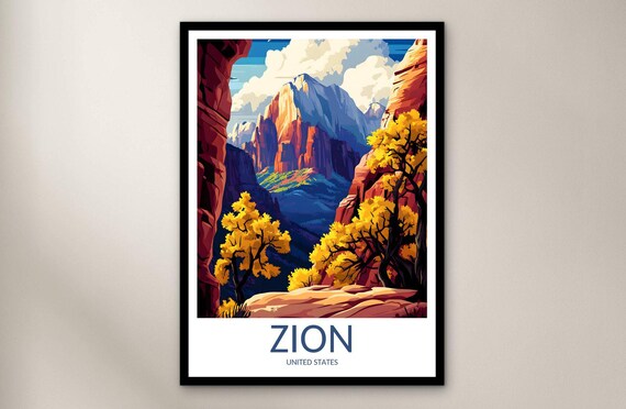 Zion Red Rock Canyon Golden Autumn Trees Scenic Travel Poster Art