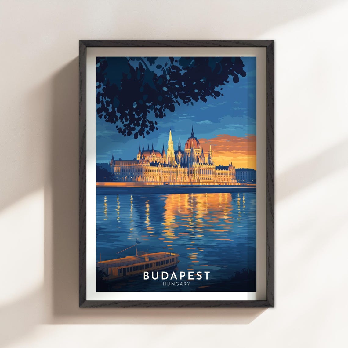 Budapest Hungary Parliament Night Lights Danube Travel Poster