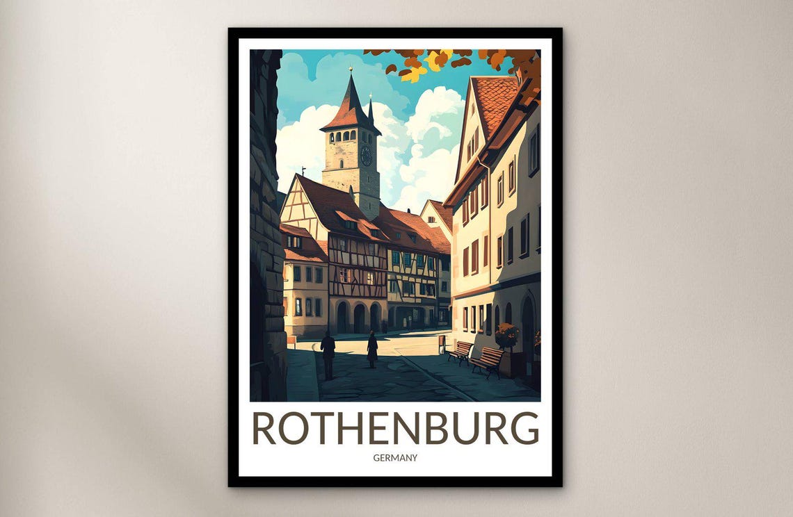 Rothenburg Germany Medieval Street Travel Poster Clock Tower Art