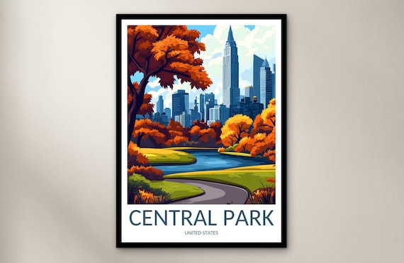 Central Park Autumn Foliage Lake Skyline New York City Travel Poster