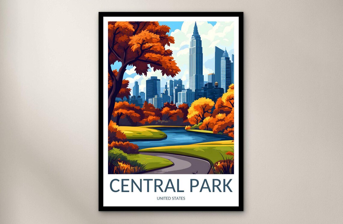 Central Park Autumn Foliage Lake Skyline New York City Travel Poster
