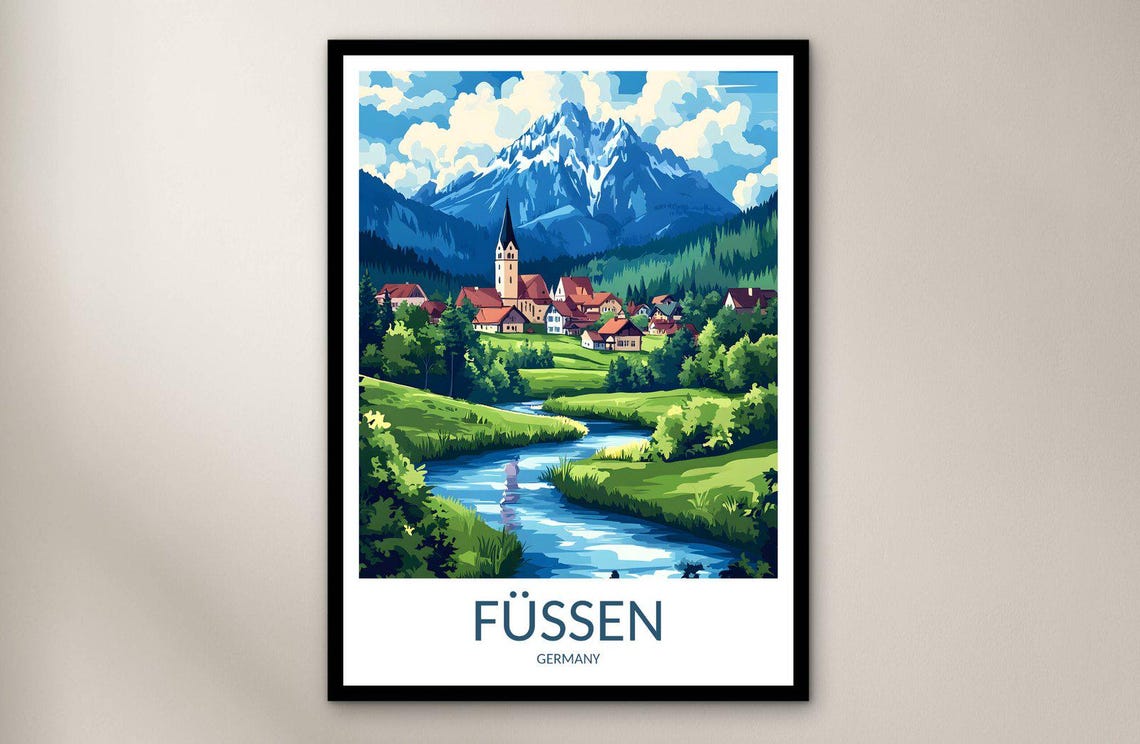 Fussen Germany Alpine Village Church Under Mountain Travel Poster