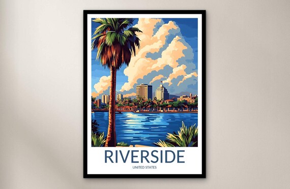 Riverside California Palm Tree Lake Skyline Travel Poster Art