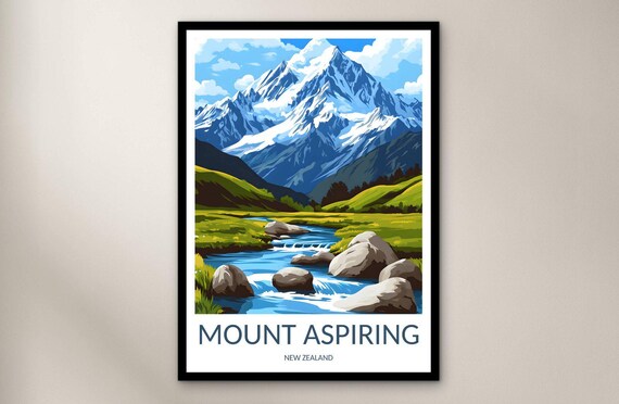 Mount Aspiring New Zealand Snow Peak Alpine Stream Vintage Travel Poster