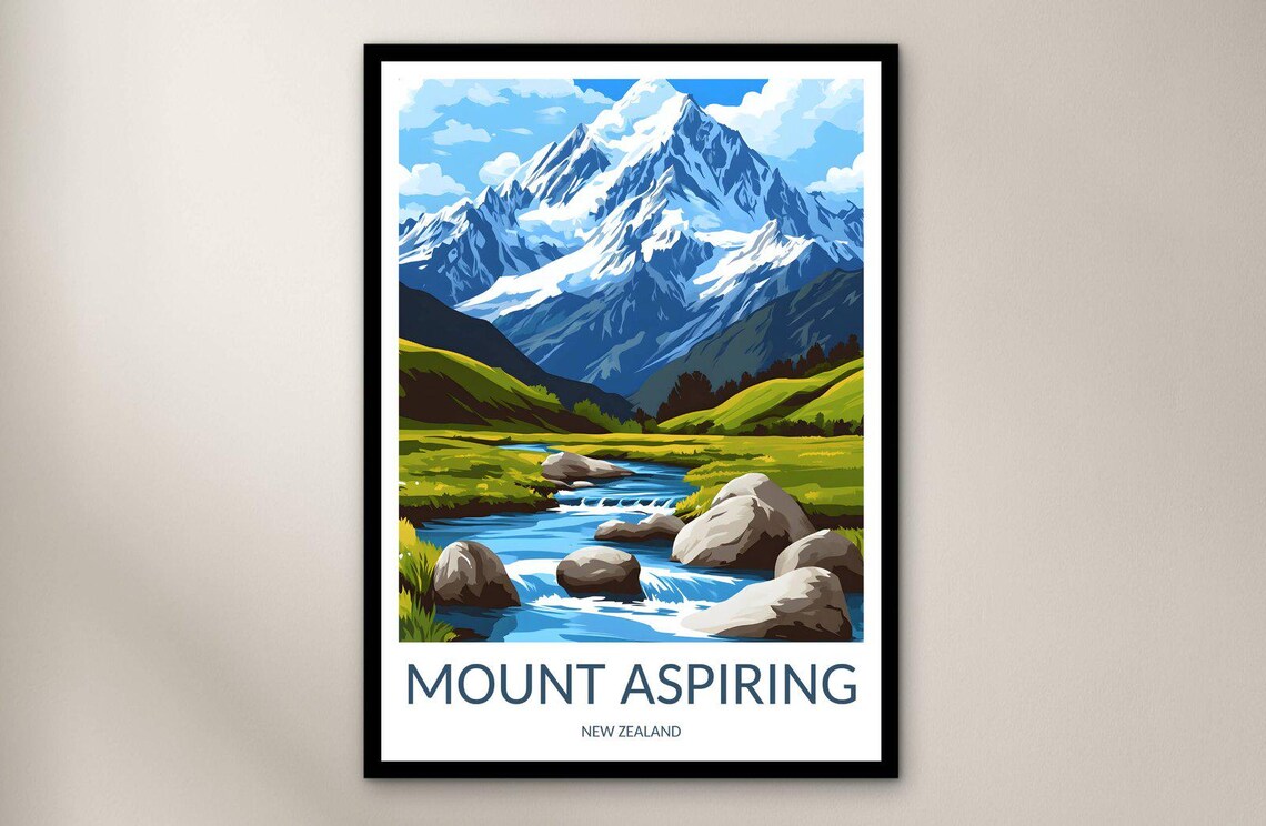 Mount Aspiring New Zealand Snow Peak Alpine Stream Vintage Travel Poster
