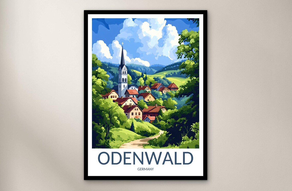 Odenwald Germany Village Church Travel Poster With Forest Hills Art