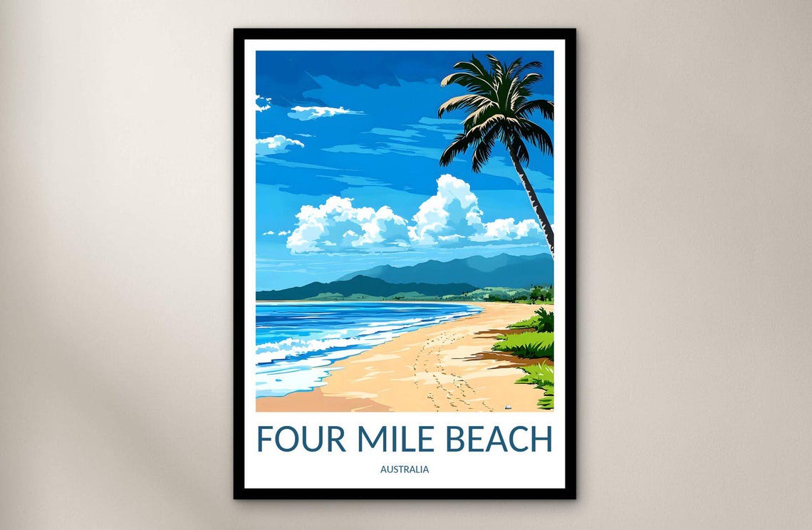 Four Mile Beach Australia Palm Tree Tropical Shore Travel Poster
