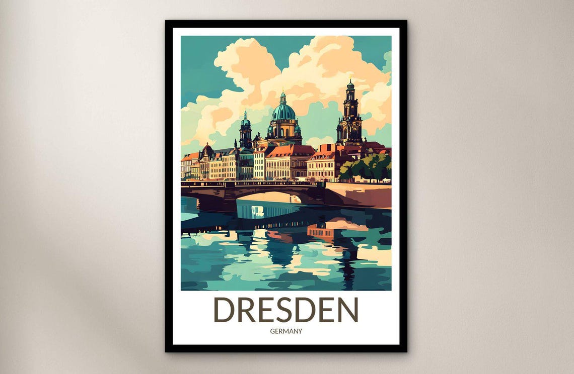 Dresden Germany Old Town Skyline River Elbe Vintage Travel Poster