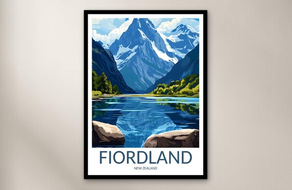 Vintage Fiordland New Zealand Mirror Lake Alpine Peak Travel Poster